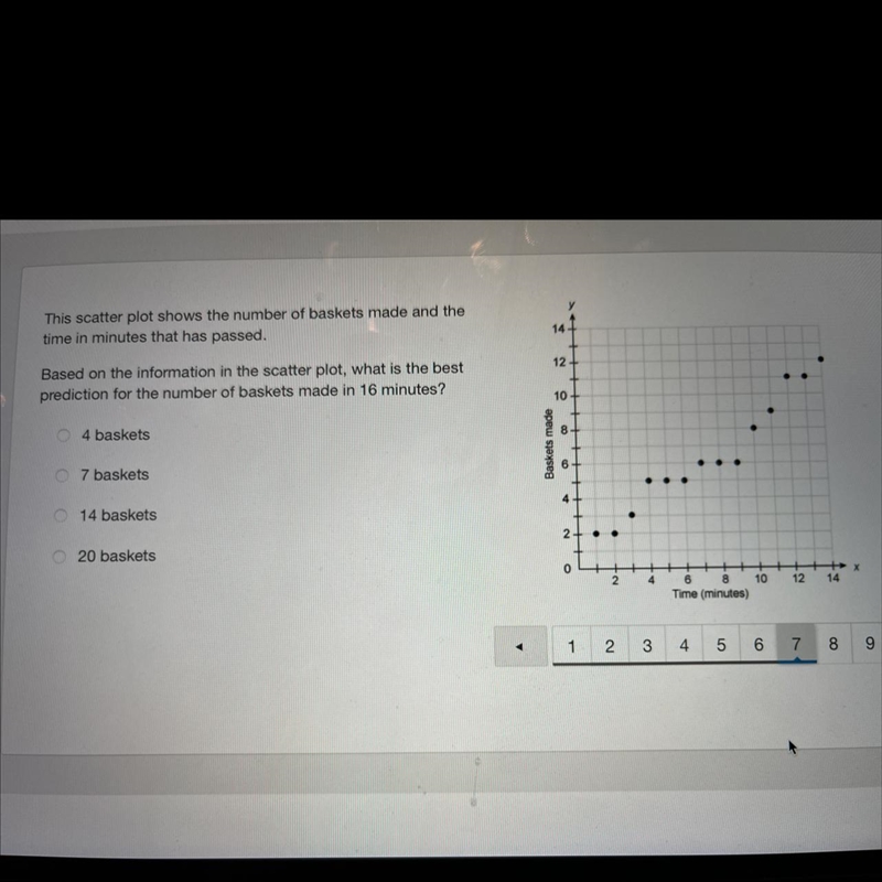 What is the best prediction for the number of baskets made in 16 minutes?-example-1