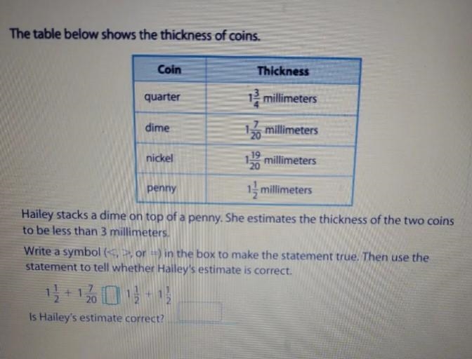 The table below shows the thickness of coins. Coin Thickness quarter i millimeters-example-1