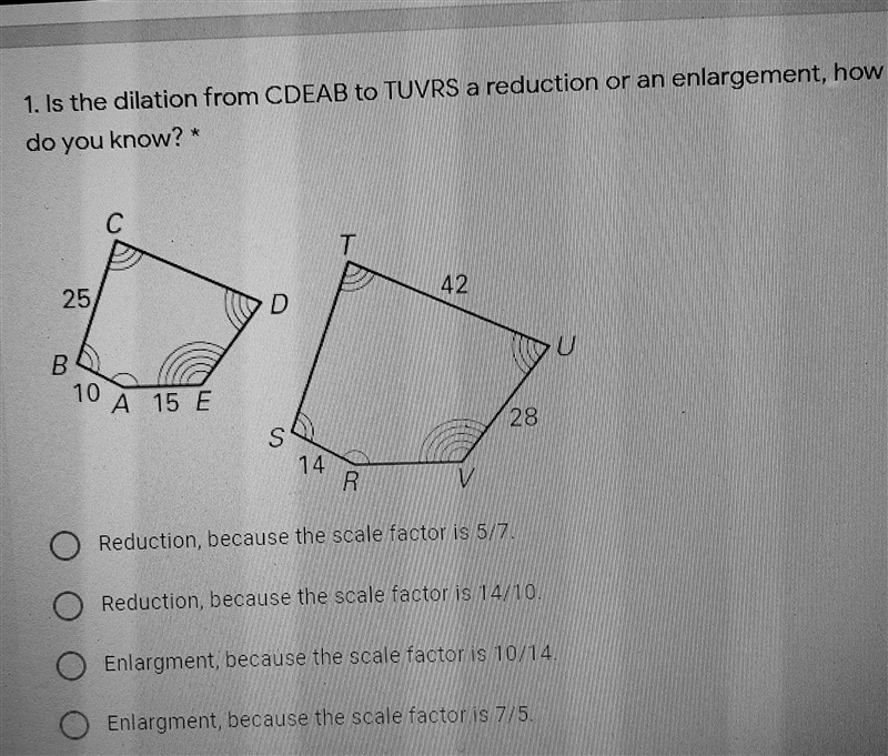 Is the dilation from CDEB to TUVS a reduction or an enlargement, how do you know? с-example-1