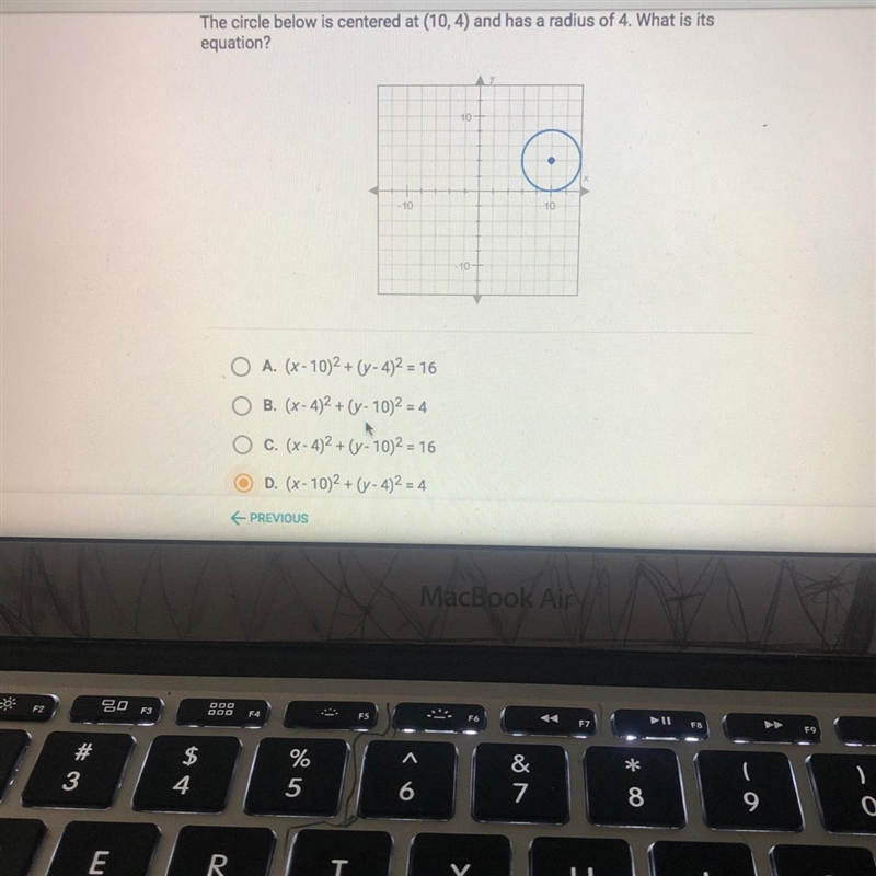 The circle below is centered at (10,4) and has a radius of 4. What is itsequation-example-1