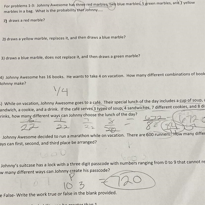 For problems 1-3: Johnny Awesome has three red marbles, two blue marbles 5 green marbles-example-1