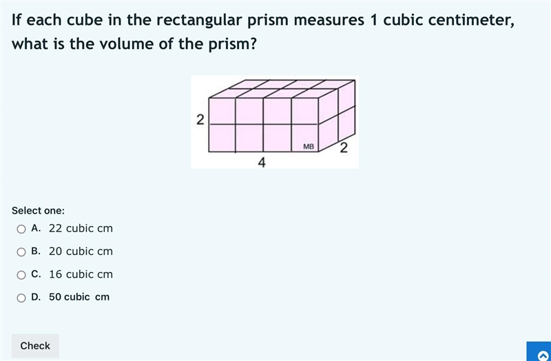 If each cube in the rectangular prism measures 1 cubic centimeter, what is the volume-example-1