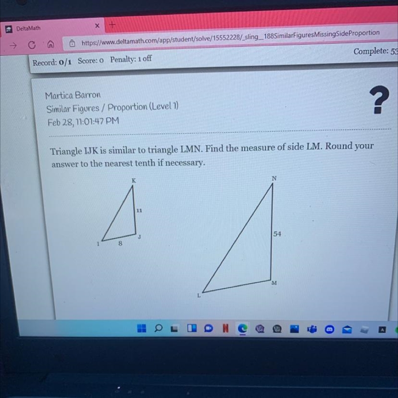 Triangle IJK is similar to triangle LMN. Find the measure of side LM. Round your answer-example-1