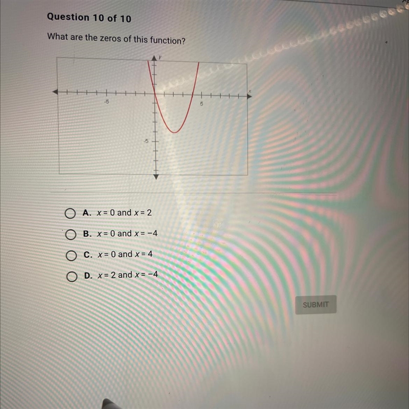 What are the zeros of this function? 5 O A. x = 0 and x = 2 O B. x = 0 and x = -4 O-example-1