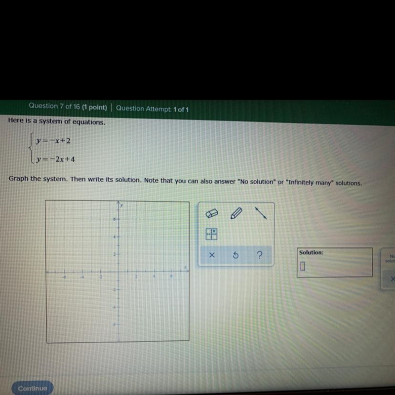 Here is a system of equations {y=-x+2{y=-2x+4Graph the system then write its solution-example-1