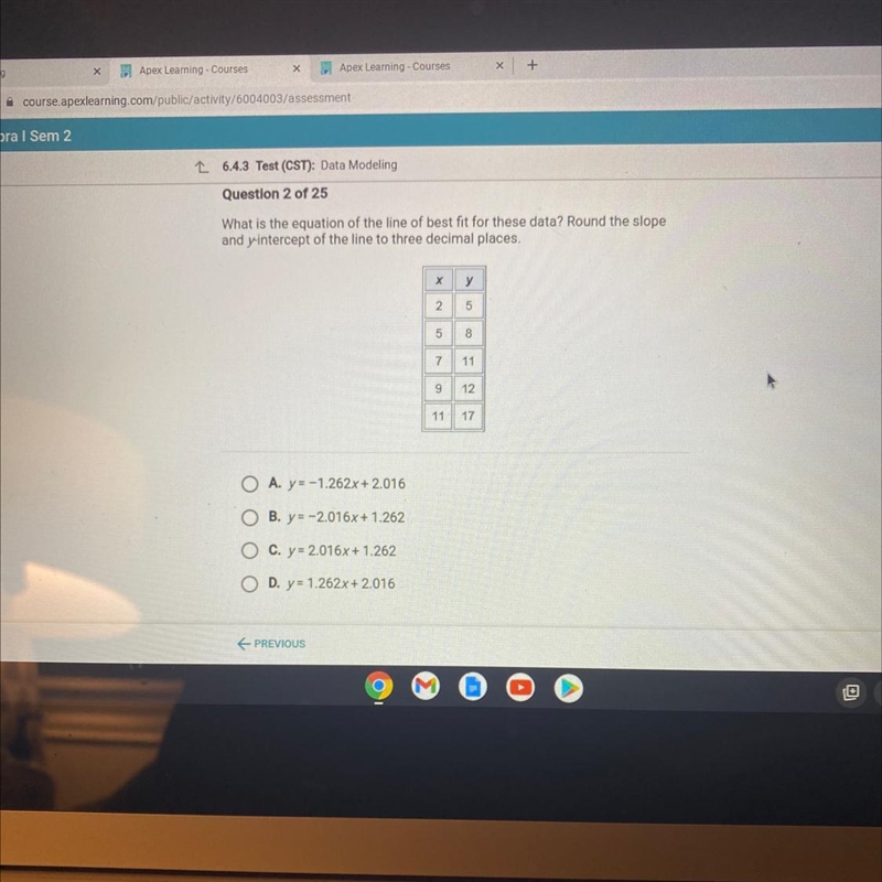 Question 2 of 25What is the equation of the line of best fit for these data? Round-example-1