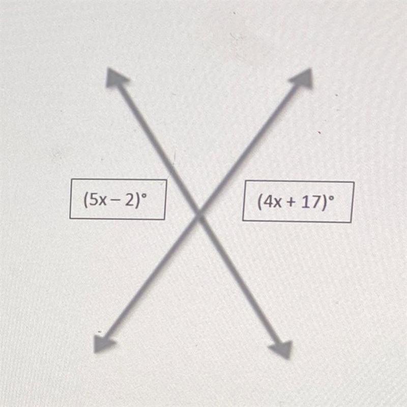 Given the picture of two intersecting lines, what is the value of x? (5x-2) (4x + 17) A-example-1