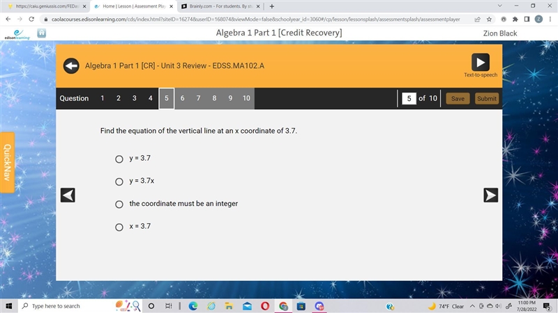 Find the equation of the vertical line at an x coordinate of 3.7.-example-1