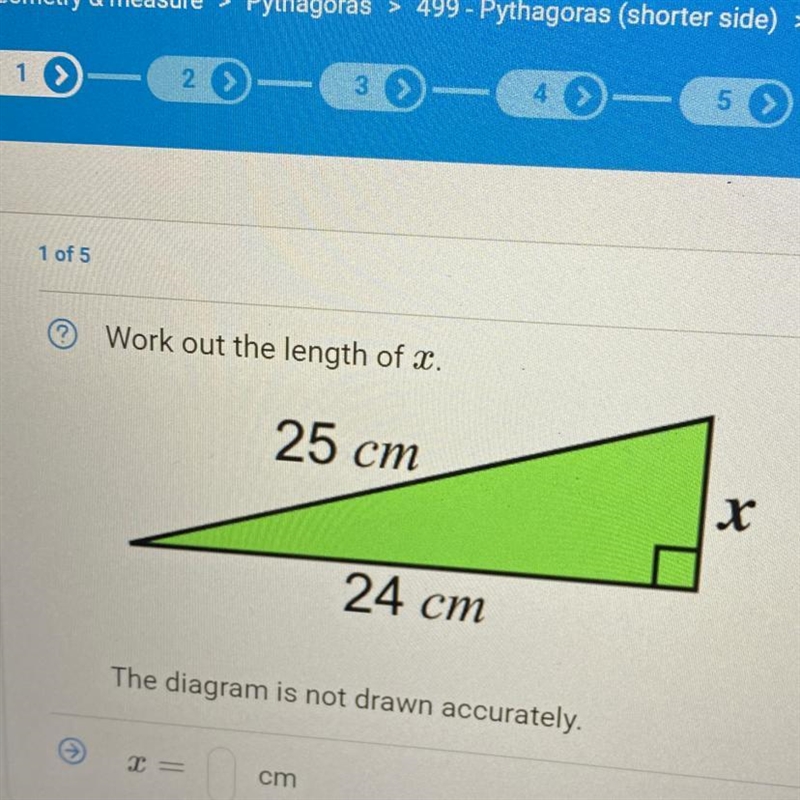 Work out the length of X. 25 cm х 24 cm The diagram is not drawn accurately. 0 cm-example-1