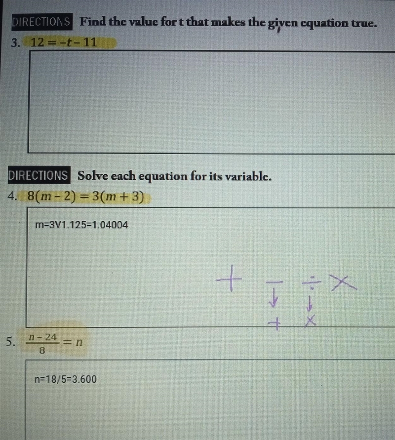 1. Find the value for t that's makes the given equation true. 12=-t-11 2. Solve each-example-1