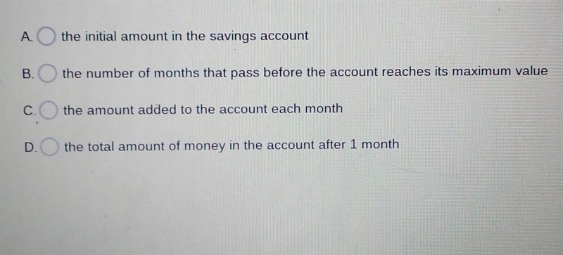 The amount of money in a savings account is modeled by the function f(x) = 50x+100 , where-example-1