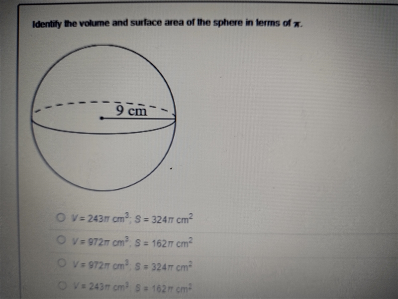 Identify the volume and surface area of the sphere in terms of pi.-example-1