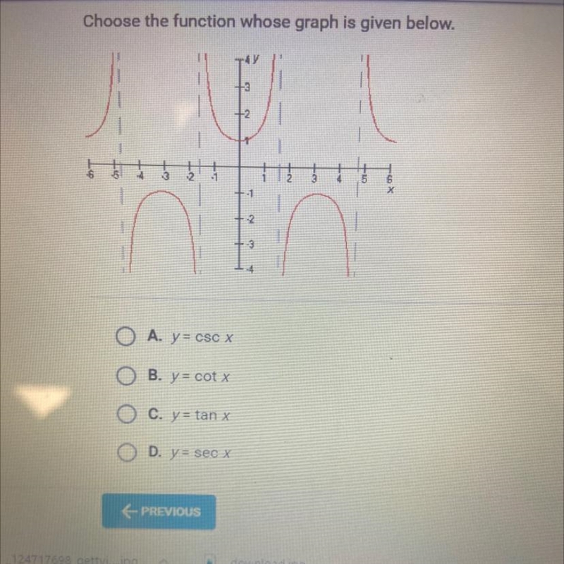 Choose the function whose graph is given below.-60+3+2+-1nOA. y = csc XB. y = cotxC-example-1