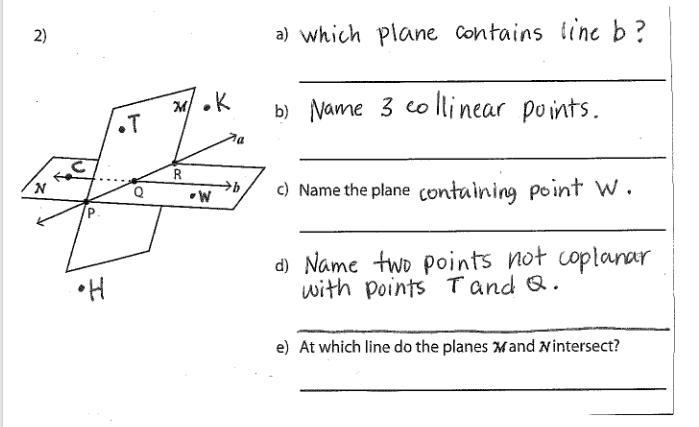 (questions in image) A. Which plane contains line b? B. Name 3 Collinear Points C-example-1