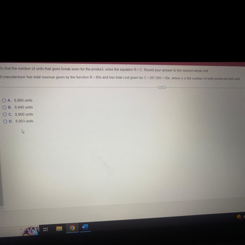 R equals 80x , C=267000+50x where ex is the number of units process access or so-example-1