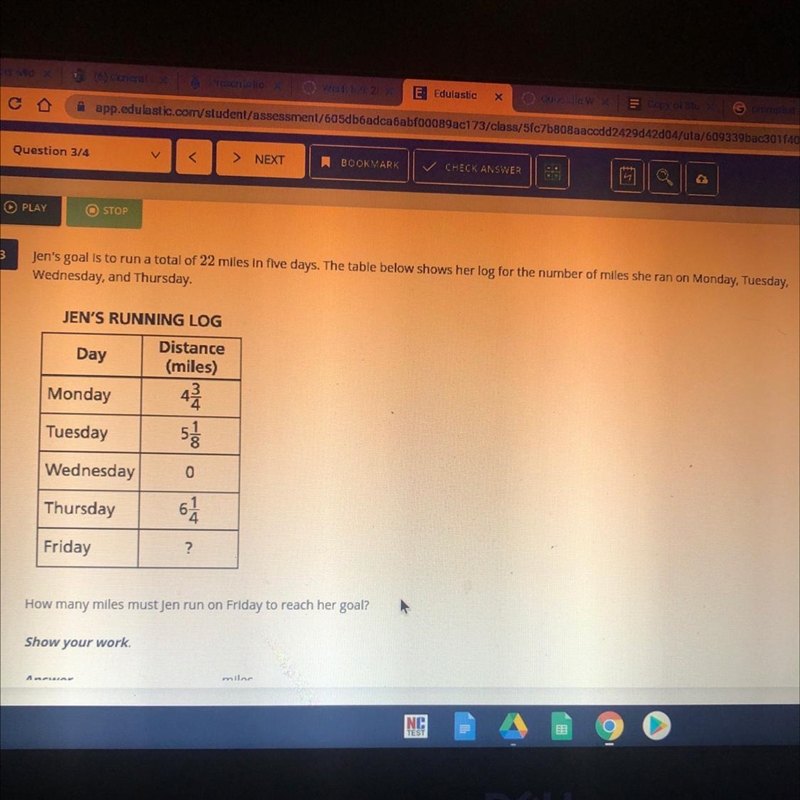 Jen's goal is to run a total of 22 miles in five days. The table below shows her log-example-1