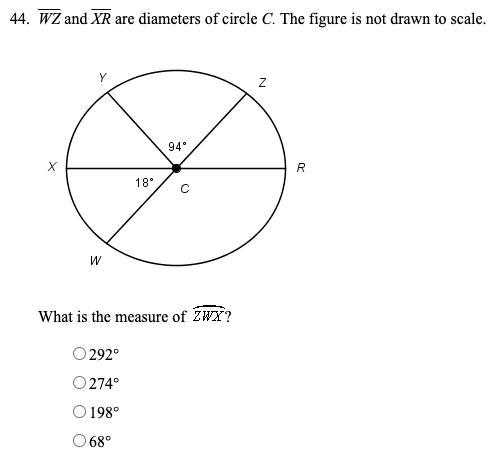 Line WZ and line XR are diameters of circle C. The figure is not drawn to scale. What-example-1