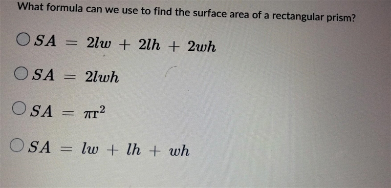 What formula can we use to find the surface area of a rectangular prism? ​-example-1