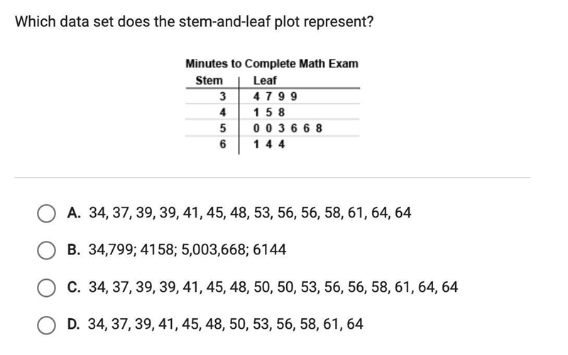 Which data set does the stem-and-leaf plot represent? A. 34, 37, 39, 39, 41, 45, 48, 53, 56, 56, 58, 61, 64, 64 B-example-1