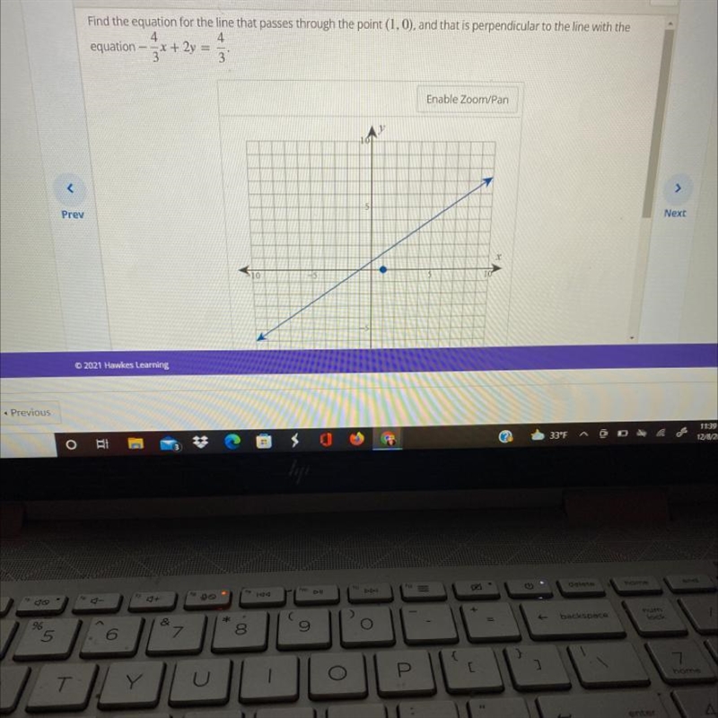 Find the equation for the line that passes through the point (1,0), and that is perpendicular-example-1