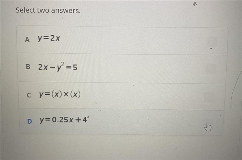 Which equation represents a linear function? Select two answers.-example-1