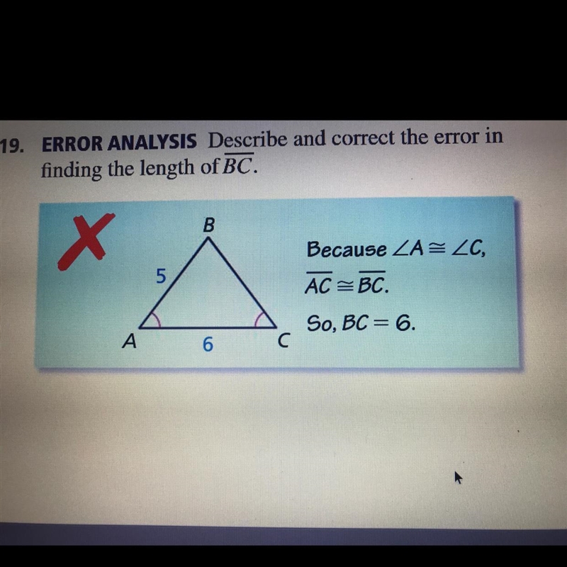 Describe and correct the error in finding the length of BC-example-1