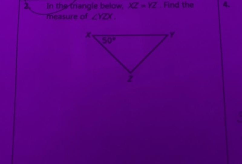 In the triangle below , XZ=YZ, find the measure of< YZX-example-1