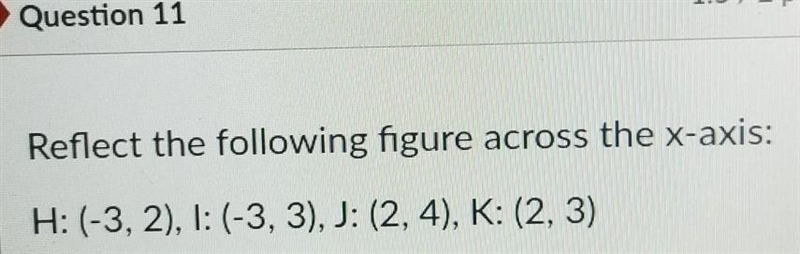 Reflect the following figure across the x-axis: H: (-3, 2), I: (-3, 3), J: (2, 4), K-example-1