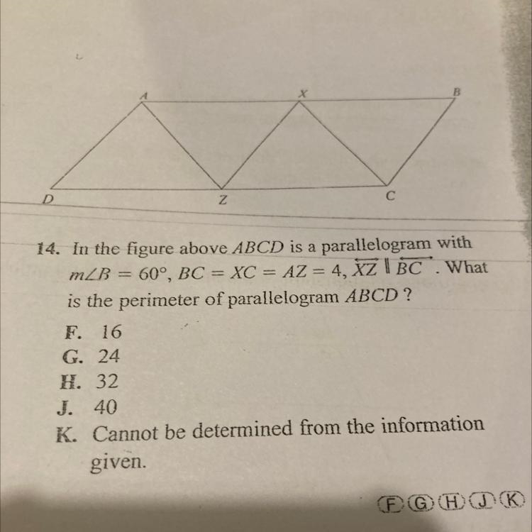 4. In the figure above ABCD is a parallelogram with mLB = 60°, BC = XC = AZ = 4, XZ-example-1