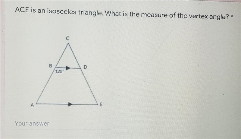 PLEASE HELP!!! ACE is an isosceles triangle. What is the measure of the vertex angle-example-1