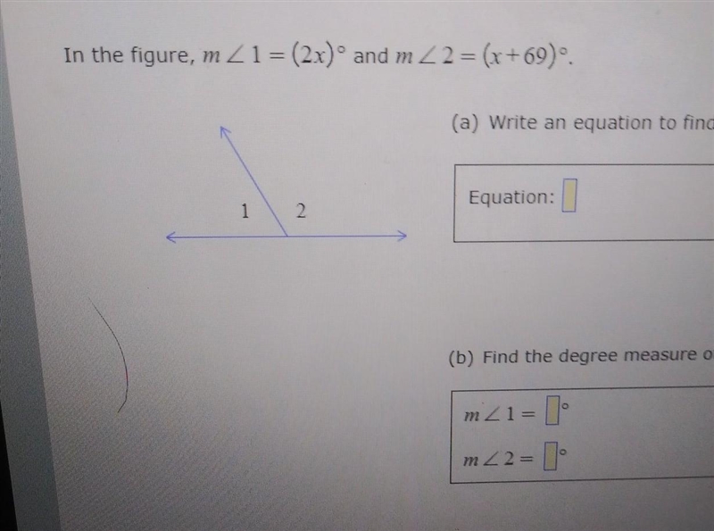 In the figure, m_1=(2x) and m2 =(+69) (a) Write an equation to find r. Equation: 1 2. (b-example-1