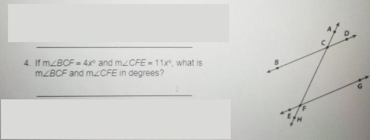 If m 2 BCF equals 4x + M2 CFE equals 11x what is m 2 B C F & M to c f in degrees-example-1