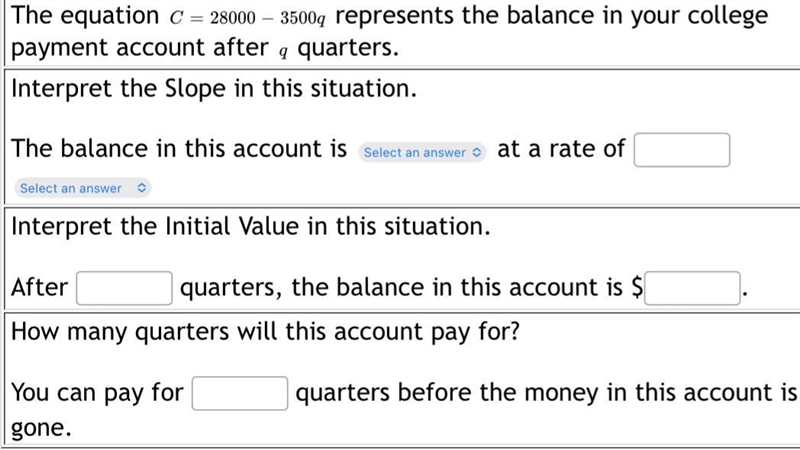 Linear Application The equation C=28000−3500q C=28000-3500 q represents the balance-example-1