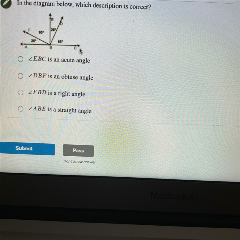 In the diagram below, which description is correct? A ZEBC is an acute angle B ZDBF-example-1