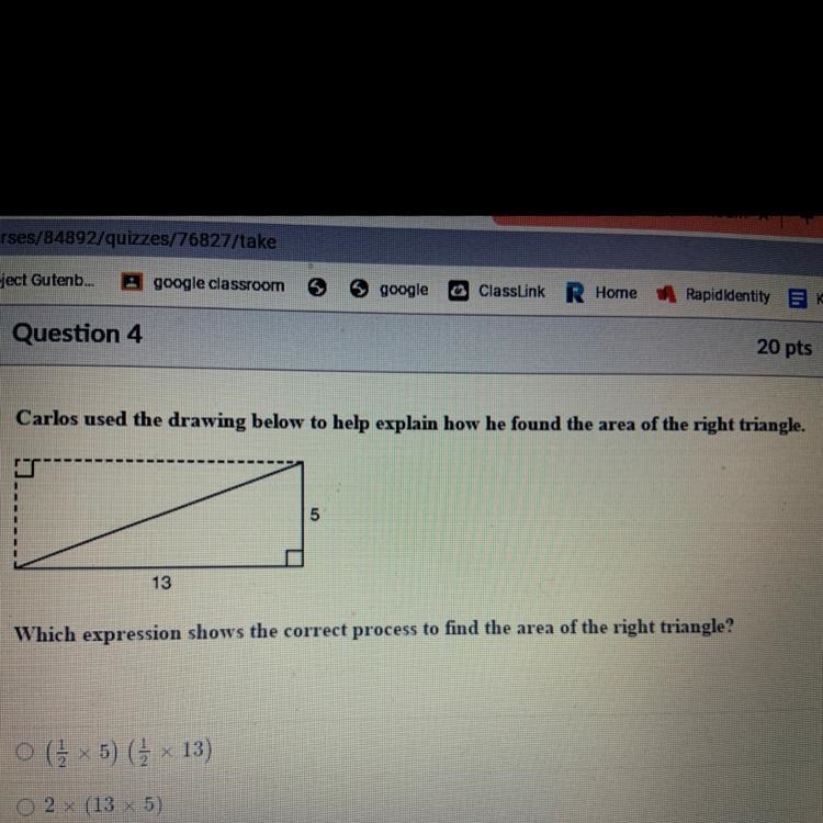 Which expression uses the correct process to find the area of this right triangle-example-1