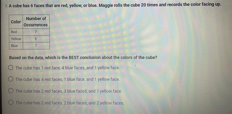 a cube has 6 faces that are red, yellow, or blue. maggie rolls the cube 20 times and-example-1