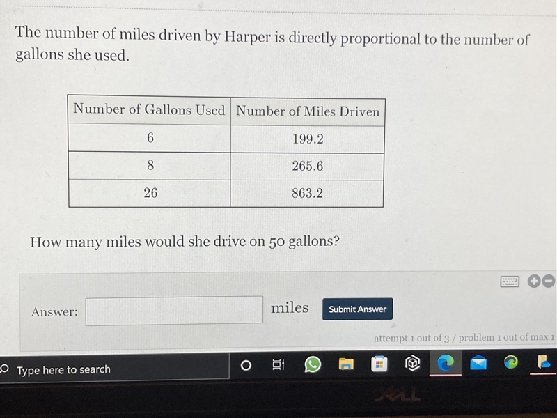 The number of miles driven by Harper is directly proportional to the number of gallons-example-1