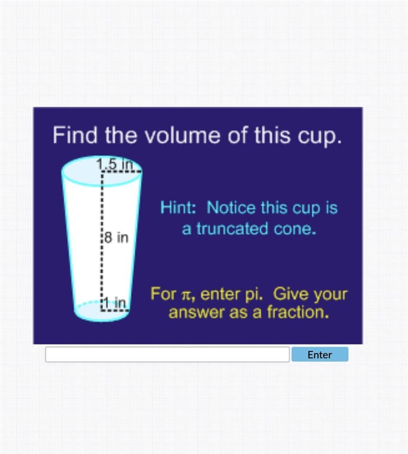 Find the volume of this cup.Hint: Notice this cup isa truncated cone.-example-1