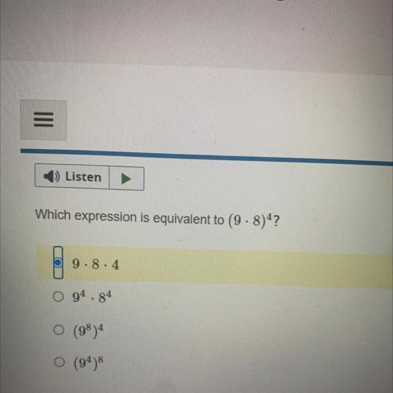 Which expression is equivalent to (9x8)^4-example-1