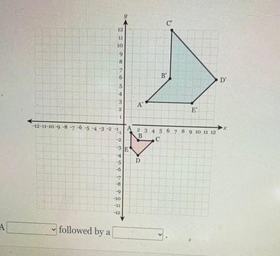 what are the 2 steps to make the first figure into the second. (dialation, rotation-example-1