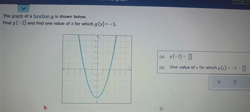 The graph of a function g is shown below. Find g(- 2) and find one value of x for-example-1