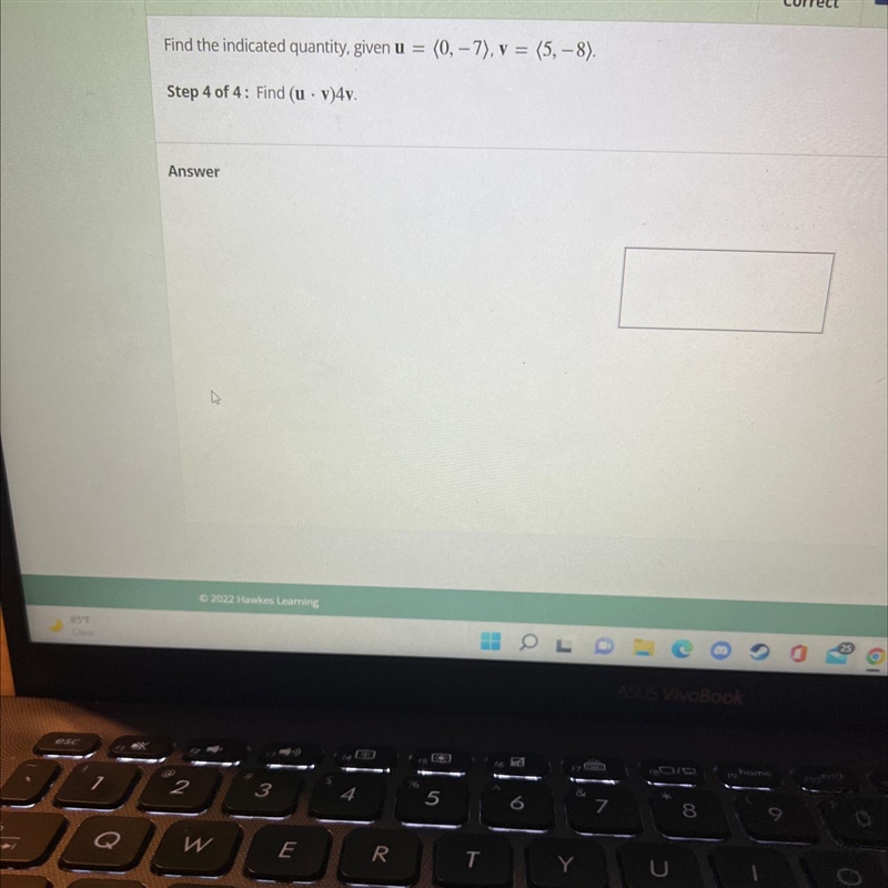 Find the indicated quantity, given u = (0, -7), v = (5, -8).Step 4 of 4 : Find (u-example-1