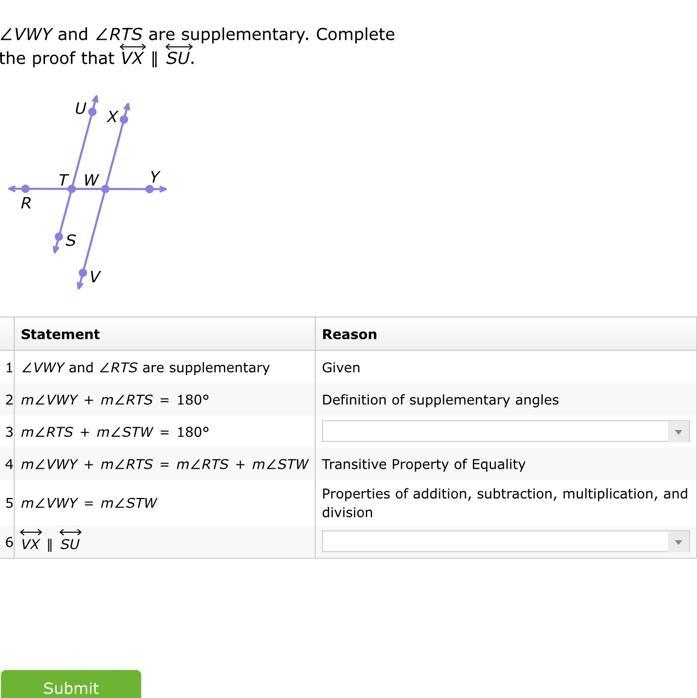 ∠VWY and ∠RTS are supplementary. Complete the proof that VX∥SU.-example-1