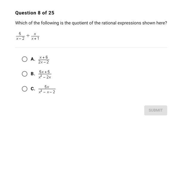 Question 8 of 25 Which of the following is the quotient of the rational expressions-example-1