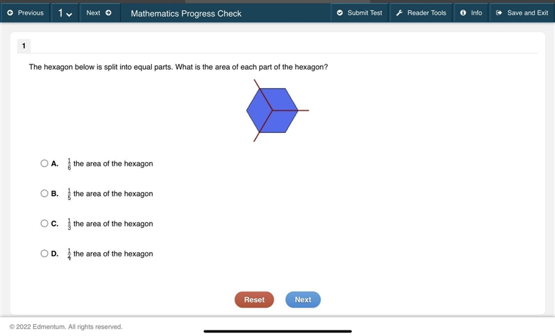 50 points!!! The hexagon below is split into equal parts. What is the area of each-example-1