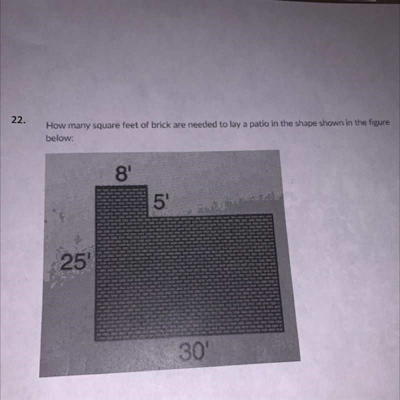 22.How many square feet of brick are needed to lay a patio in the shape shown in the-example-1