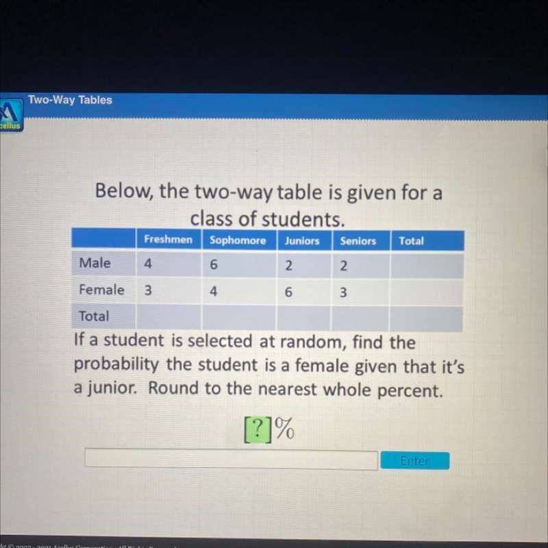 FreshmenSeniors464Below, the two-way table is given for aclass of students.Sophomore-example-1