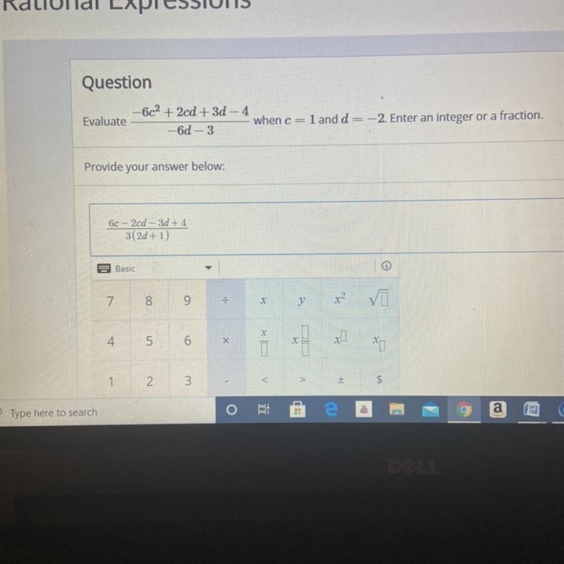 Question-6c2 +2cd + 3d - 4Evaluatewhen c=1 and d = –2. Enter an integer or a fraction-example-1