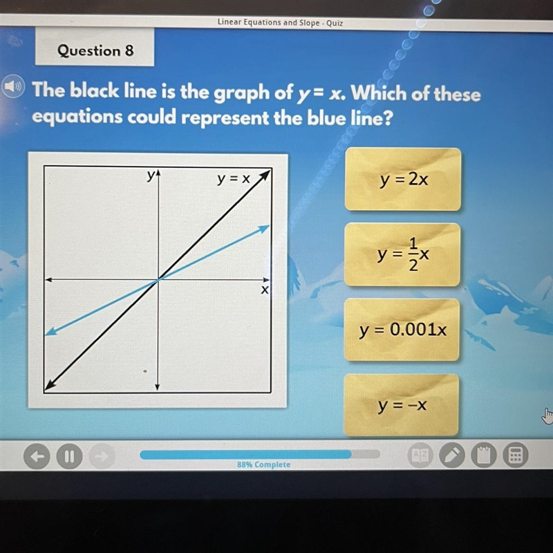 The black line is the graph of y=x . which of these equations could represent the-example-1