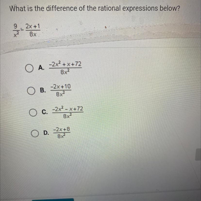 What’s is the difference of the rational expression below?9/x^2 - 2x+1/8x-example-1